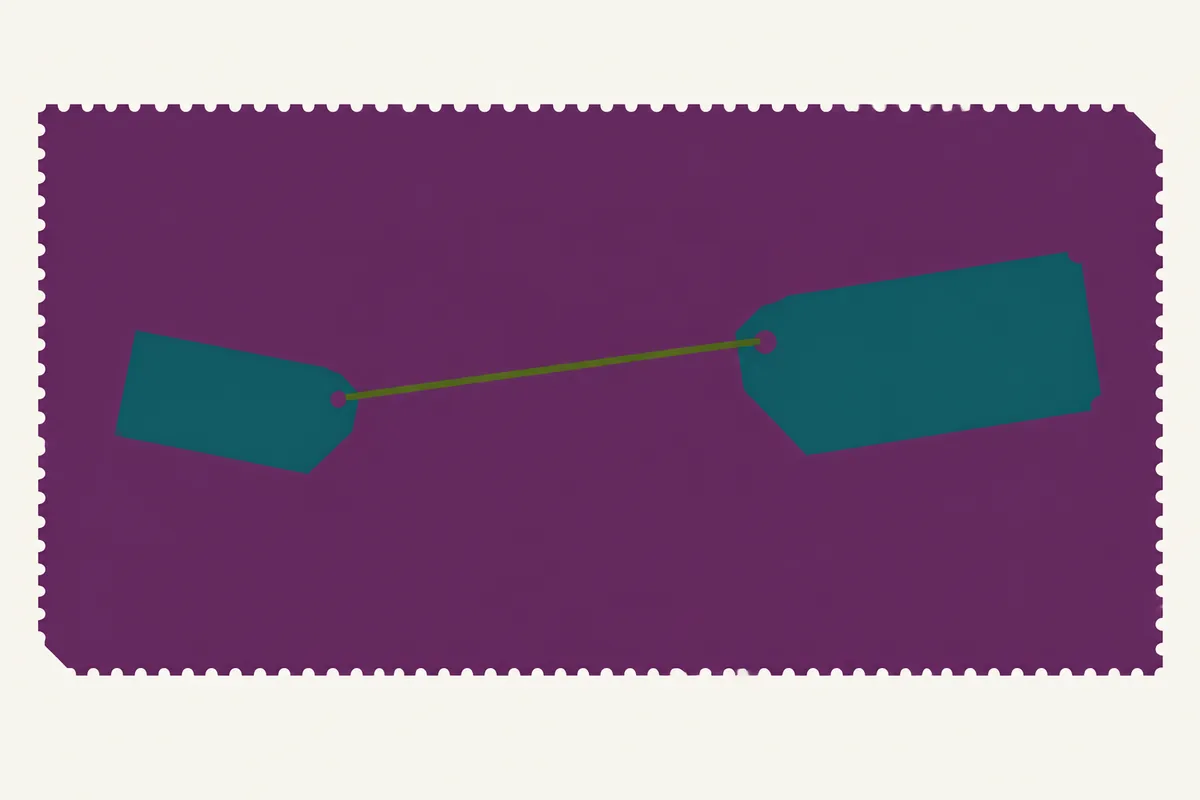 Two price slips angled apart on a panel, a single taut thread running from one to the other.