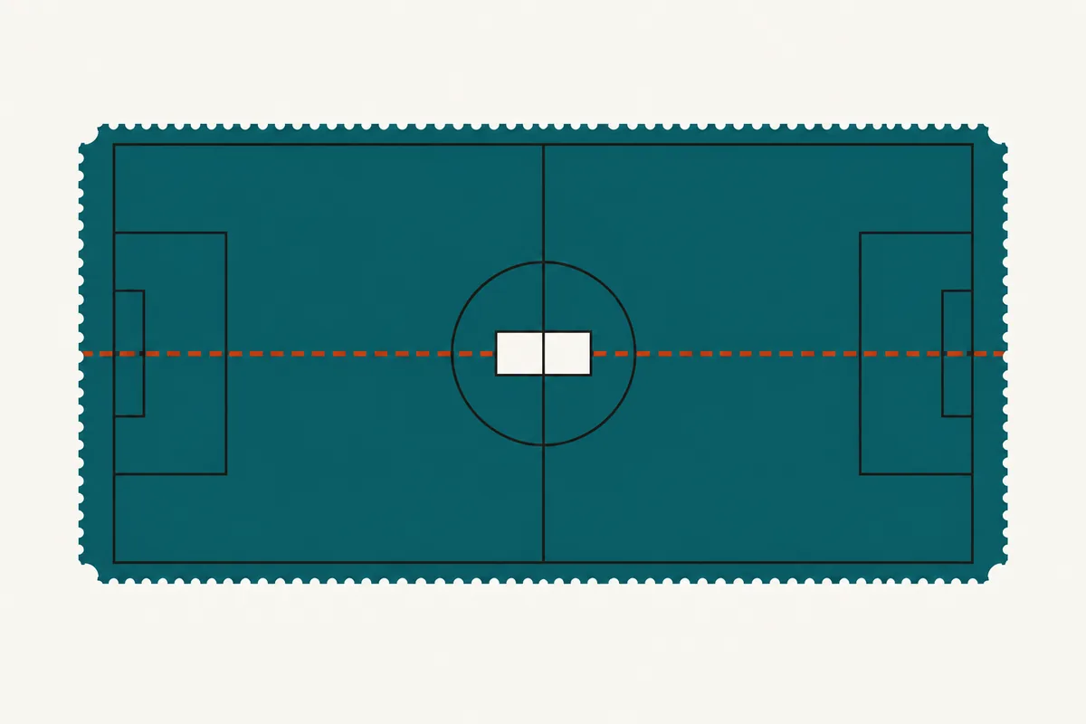 A pitch outline crossed by one dashed settlement line, running straight through a small blank two-slot tally at the centre.