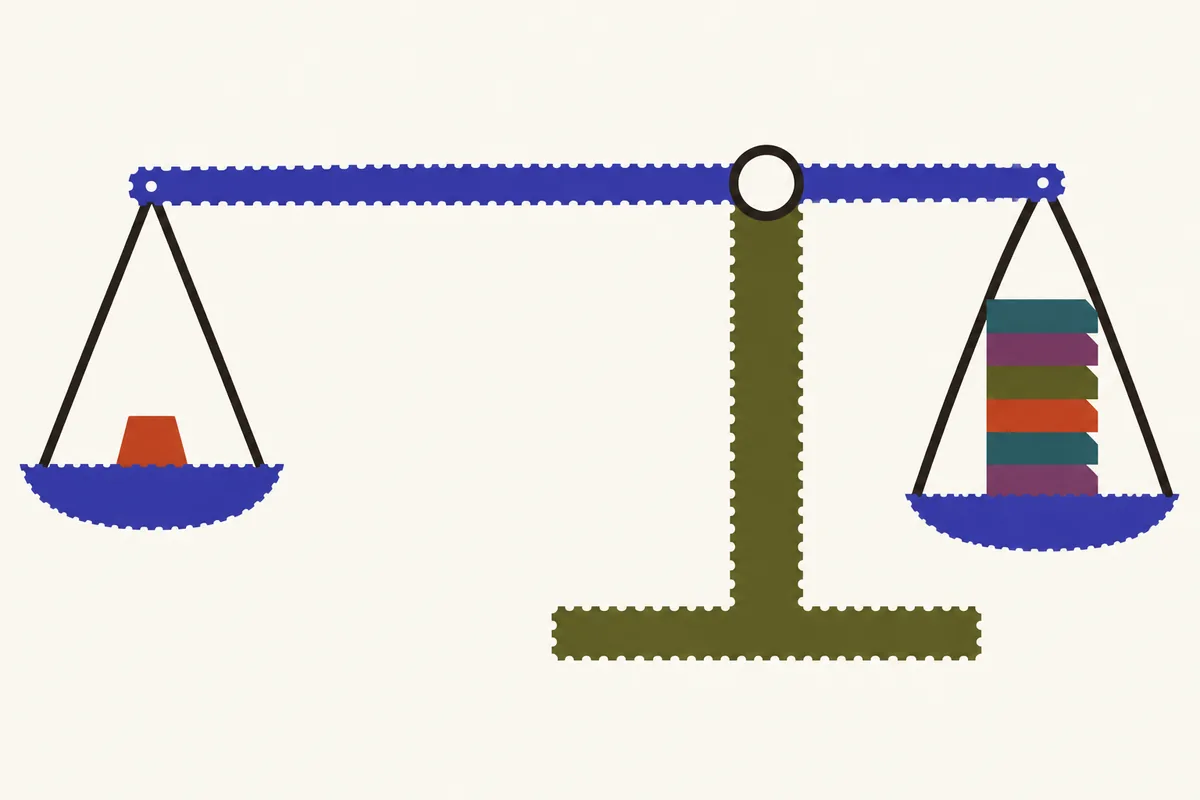 A balance scale with one small weight on the left pan and a tall stack of slabs on the right pan.