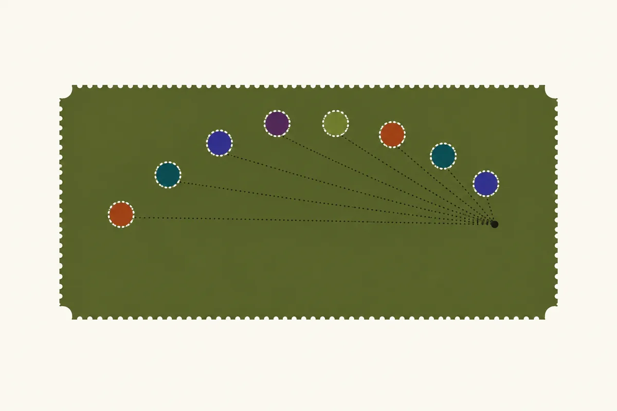 Eight small coloured windows in an arc, each linked by a dotted line to one shared point on the panel.