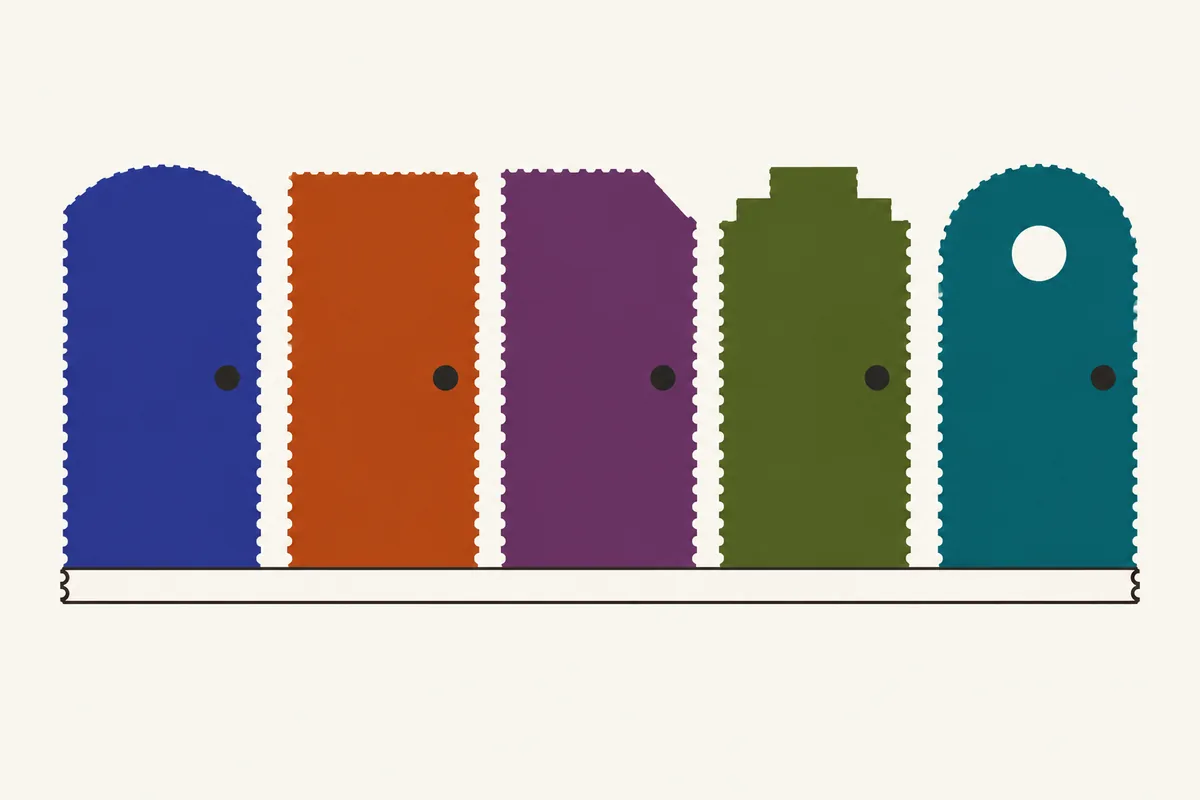 Five doors of the same size but different shapes and colours, side by side, each with a round knob.
