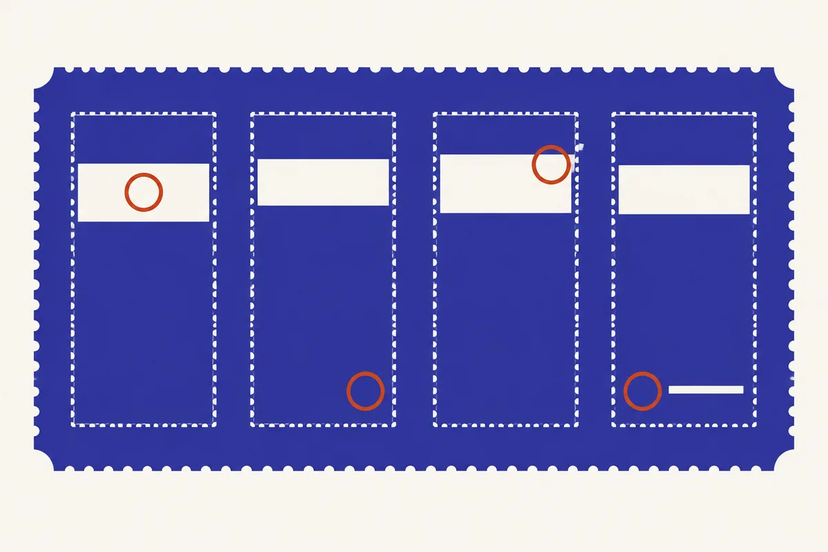 Four price slips side by side, each with a small round stamp at a different place marking where its cost sits.
