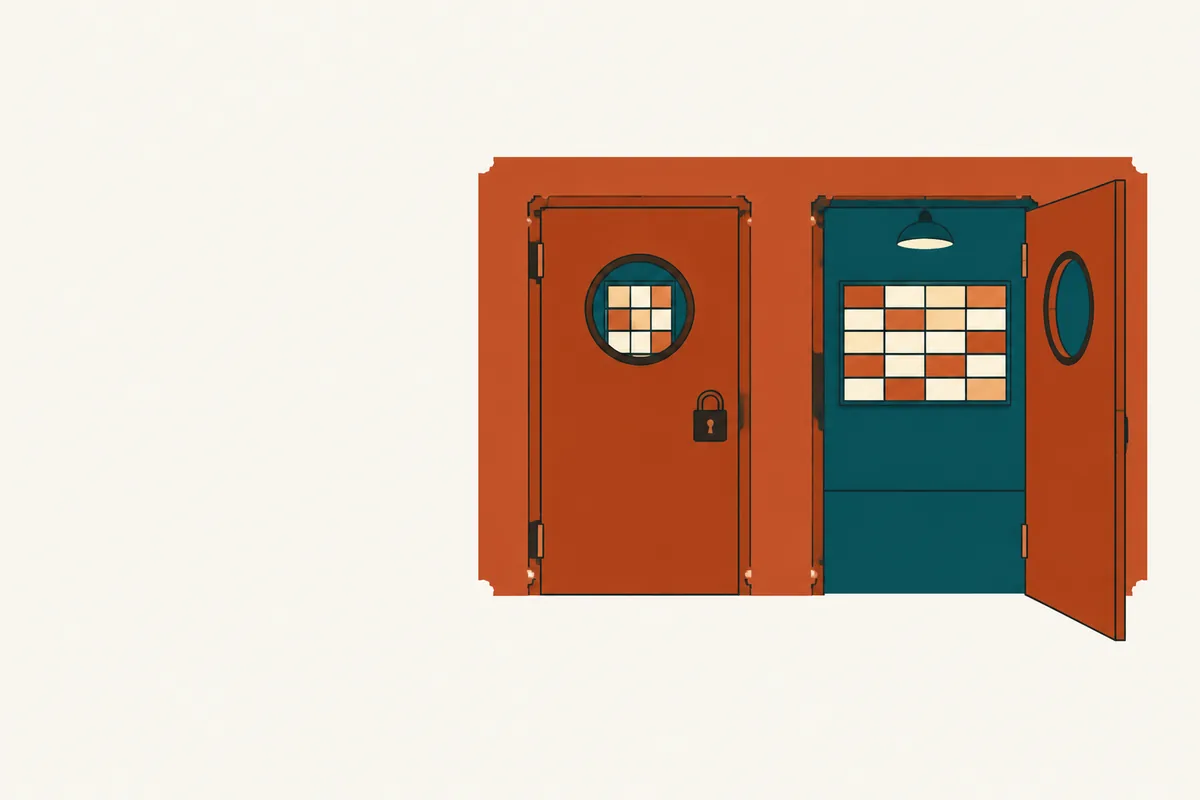 Two doors in one wall, one locked and one open, the same lit tiles behind both.