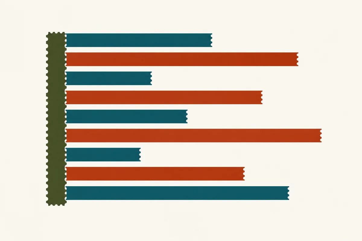 Nine horizontal bars of uneven length, alternately teal and vermilion, fixed to one olive rail.