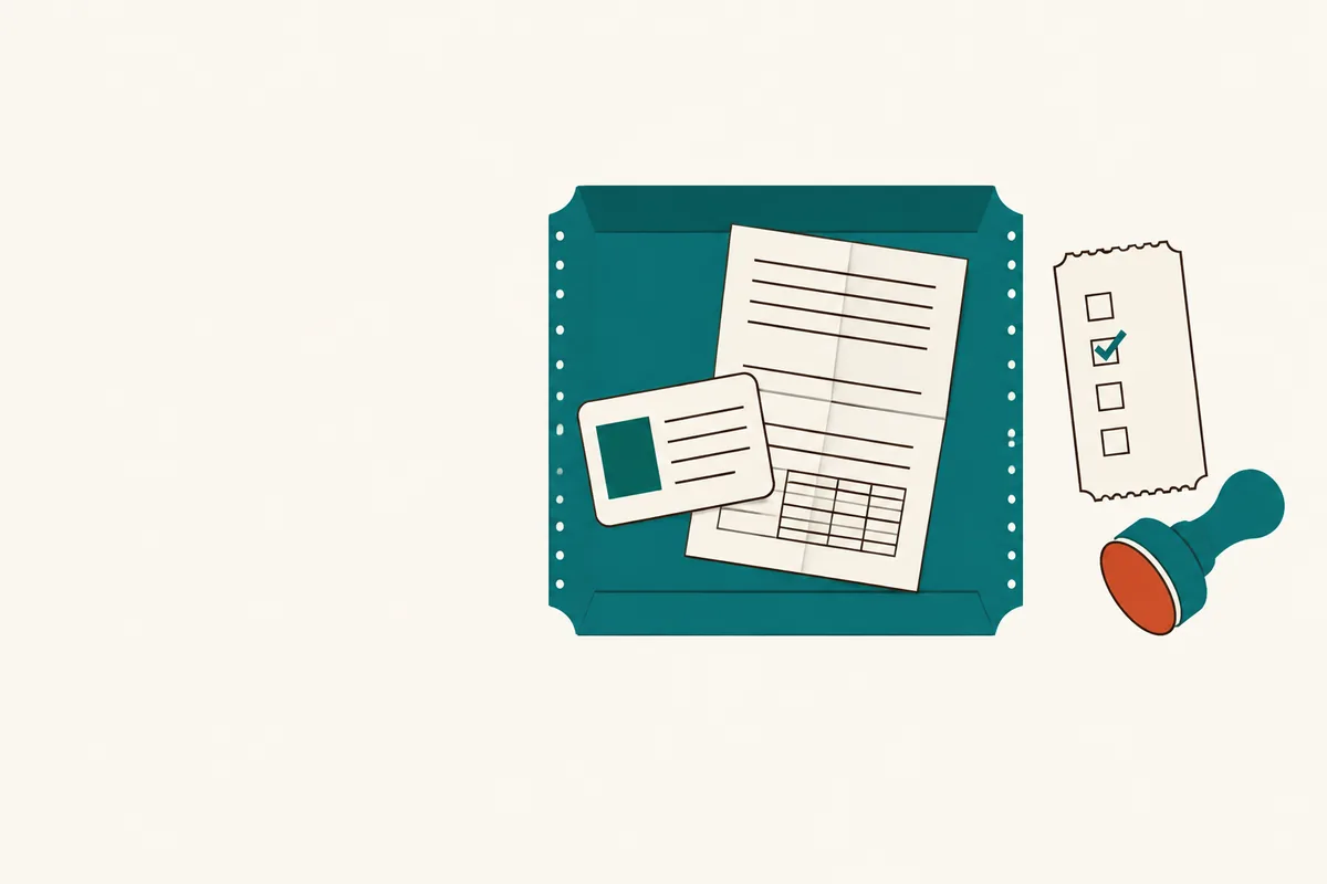 Two documents in a paper tray beside a checklist slip with one box ticked and a rubber stamp.