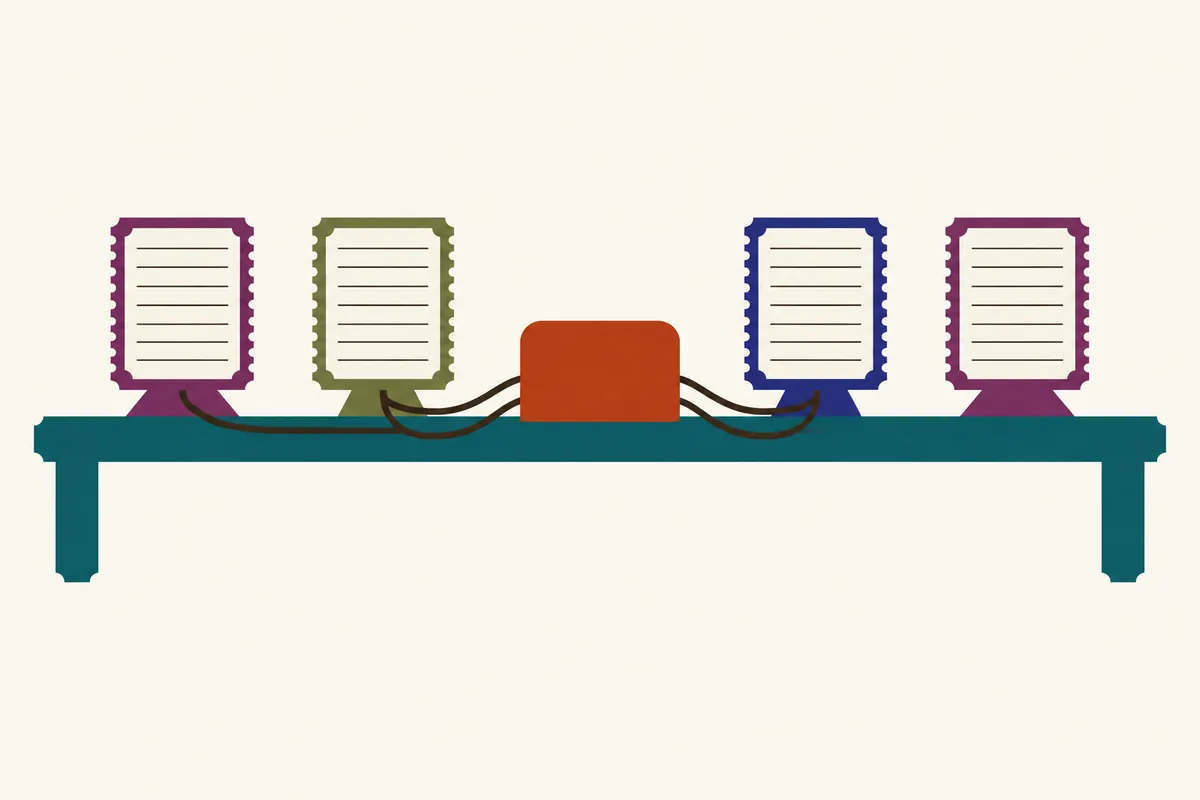 A desk with one central box and four cables running to four separate screens of blank rows.