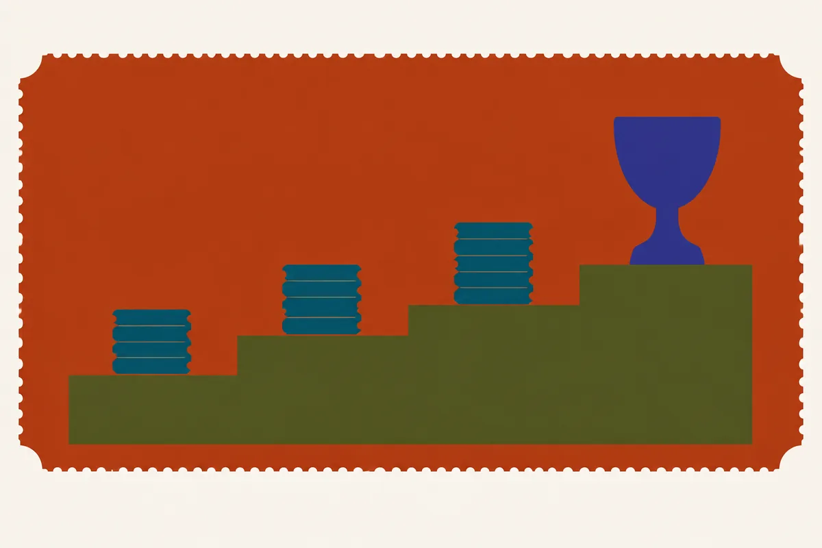 A trophy on the top step of a stepped podium, each lower step holding a shorter stack of betting slips.