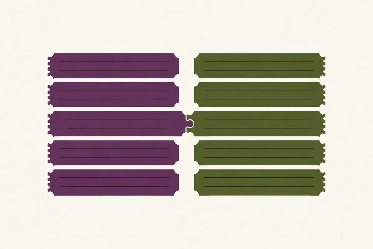 Two columns of queued offers meet at one middle row where a pair of notched slips interlock.