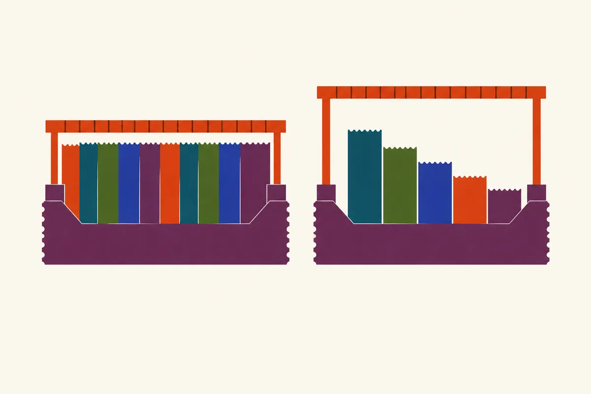 Two trays under two ruler bars at different heights, one full to its bar, the other holding a queue of slips.