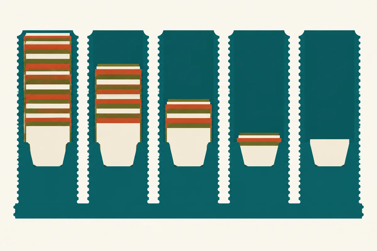 Five identical trays side by side filled to different levels, from full to the brim down to a single slip.