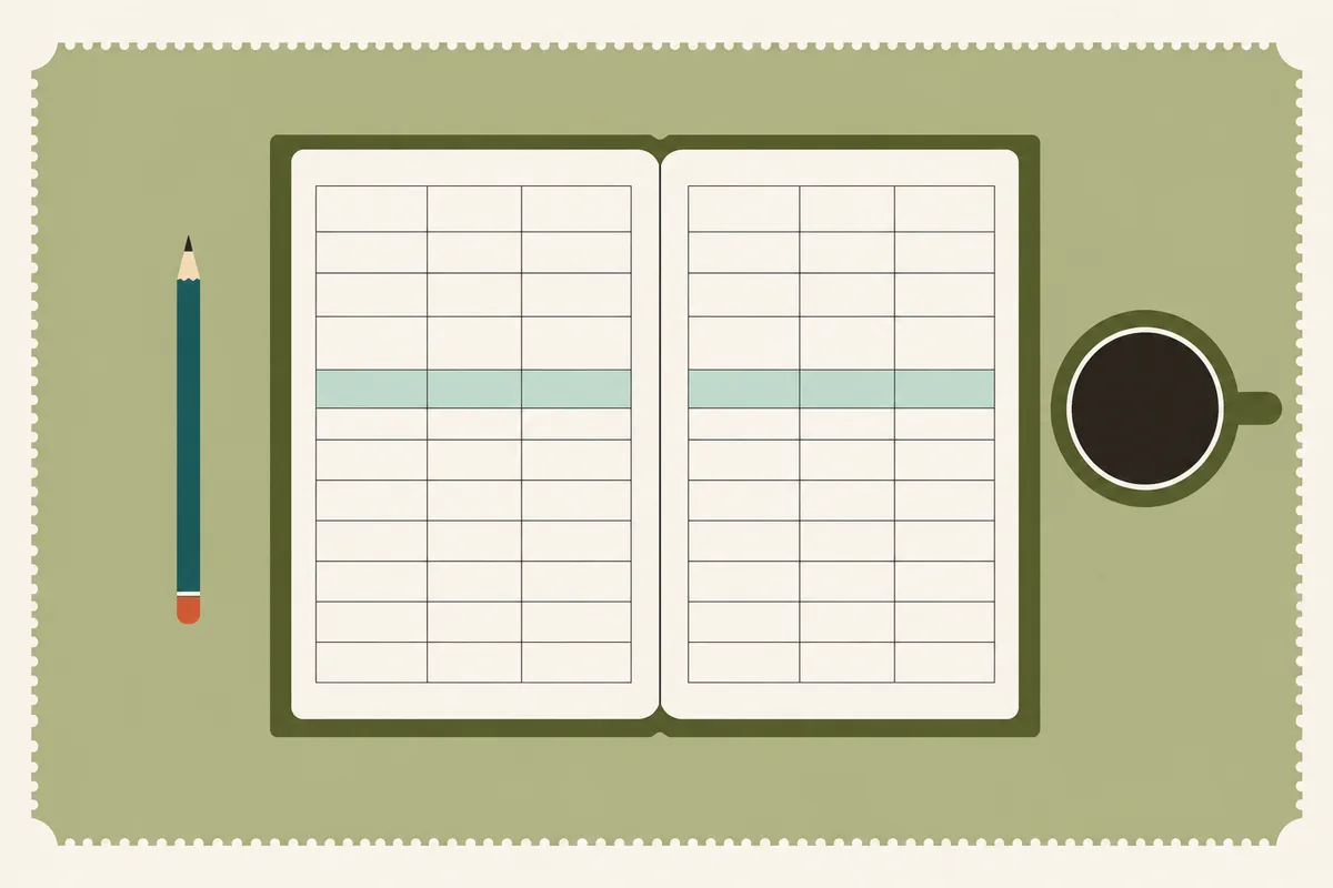 An open ledger with ruled columns and one shaded row, a pencil on its left and a cup on its right, seen from above.