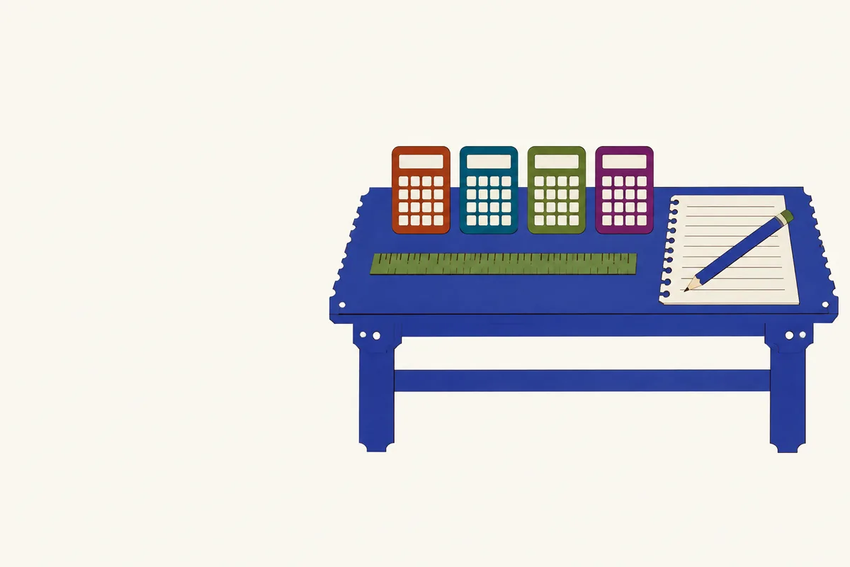 A workbench holding handheld calculators, a ruler and a notepad.