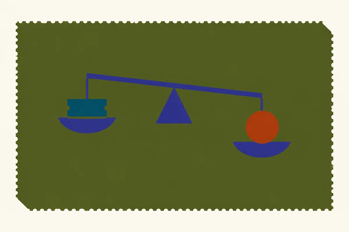 A hand-drawn balance scale with a decimal price marked on one pan and a percentage figure on the other, the percentage pan sitting slightly lower.