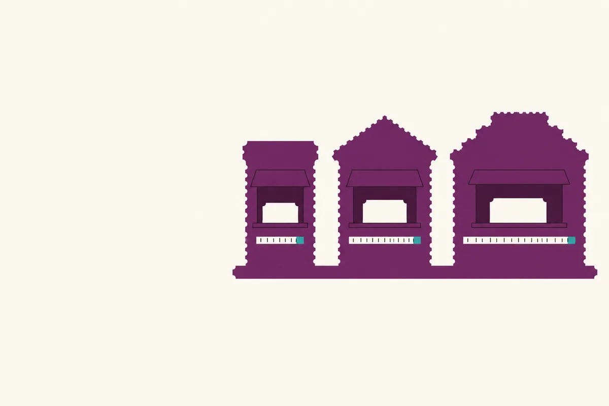 Three separate plum booths in a row, each with a hatch holding a price slip and a ruler bar of a different length.