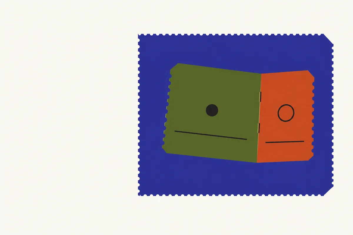 A slip folded into two halves, one stamped with a solid disc, the other with an open ring.