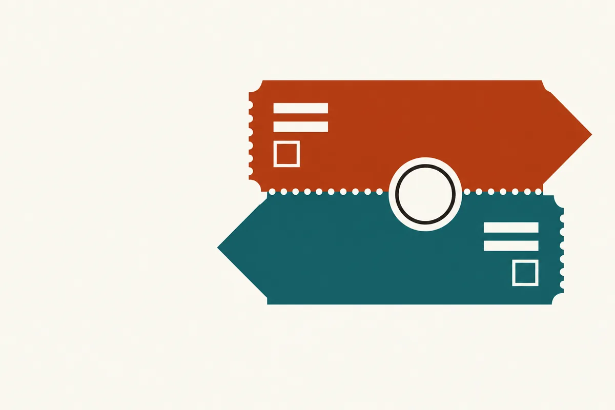 Two ticket slips point in opposite directions and meet at a perforated line with a ring stamp.