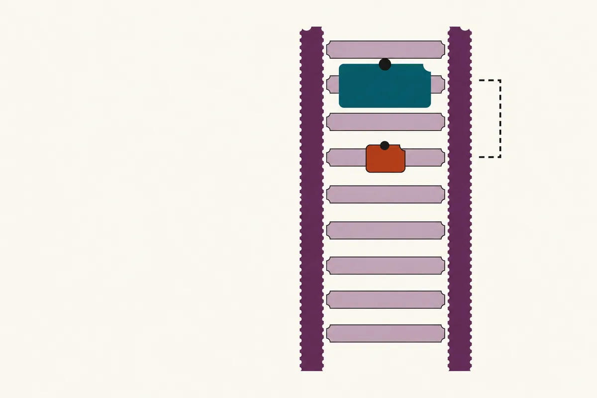 A ladder of paper rungs with a large tag on one rung, a small tag lower down and a dashed bracket beside it.