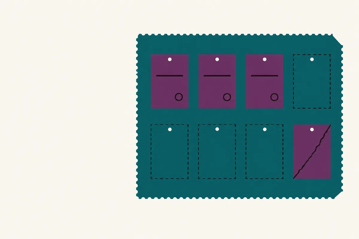Eight small plates in two rows on a teal wall, three carry a stamp, four are dashed empty, one is cracked.
