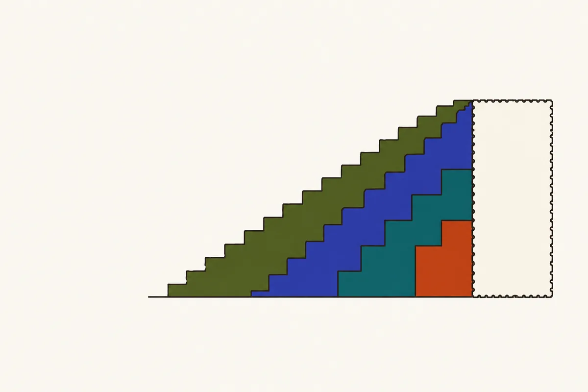 Four paper staircases of different lengths, each in its own colour, rising to the same plain platform.