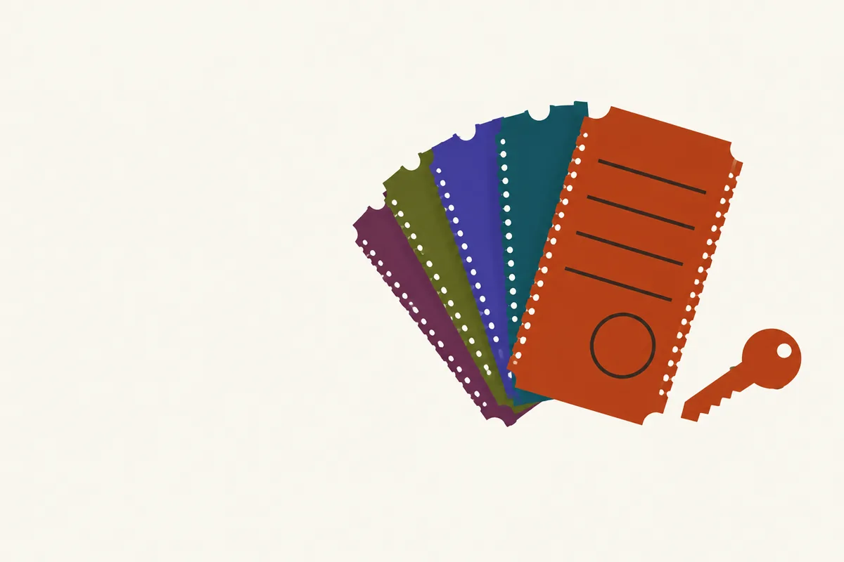 Five counter slips fanned beside a plain key, the top slip marked with a ring.