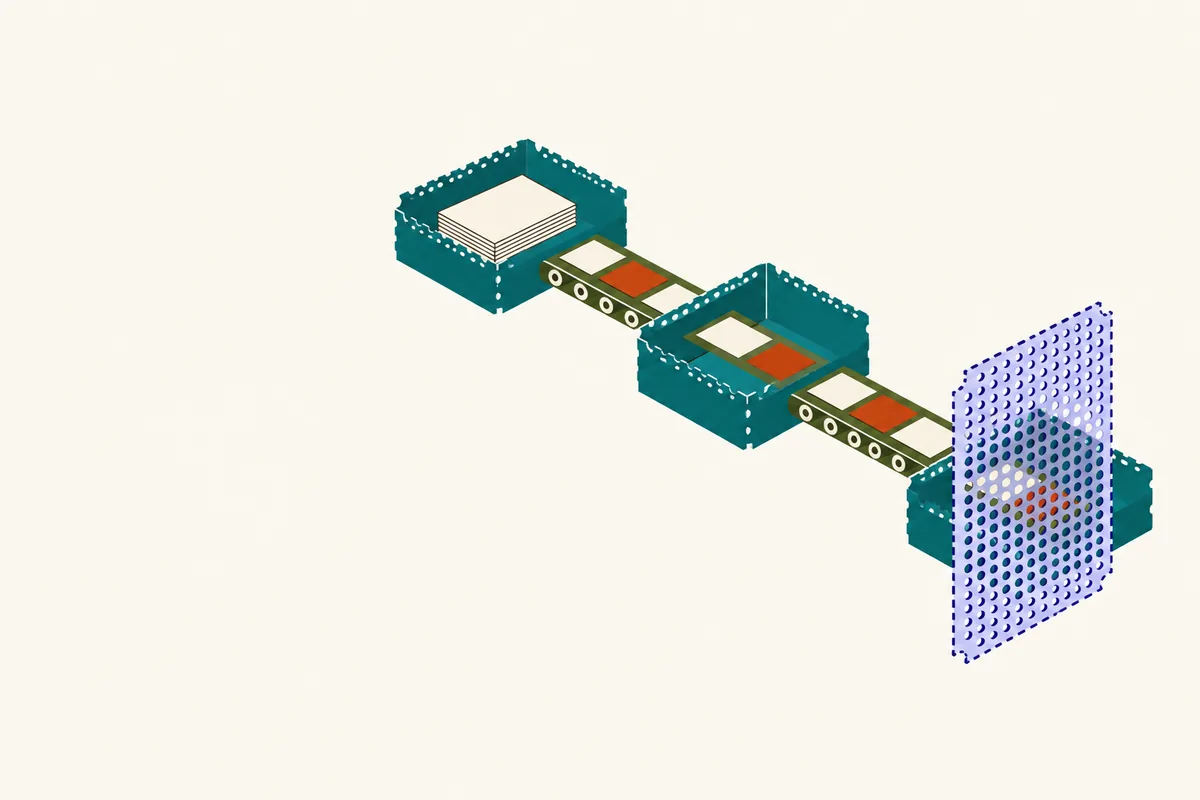 Three paper trays joined by conveyor belts carrying blank slips, the last tray behind a dotted screen.