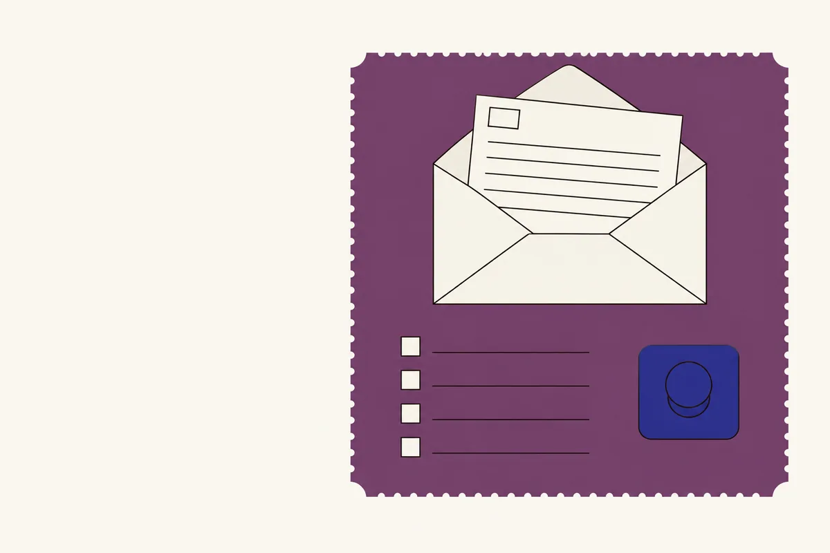 An opened envelope with a ruled letter above four empty tick boxes and a small stamp on a plum board.