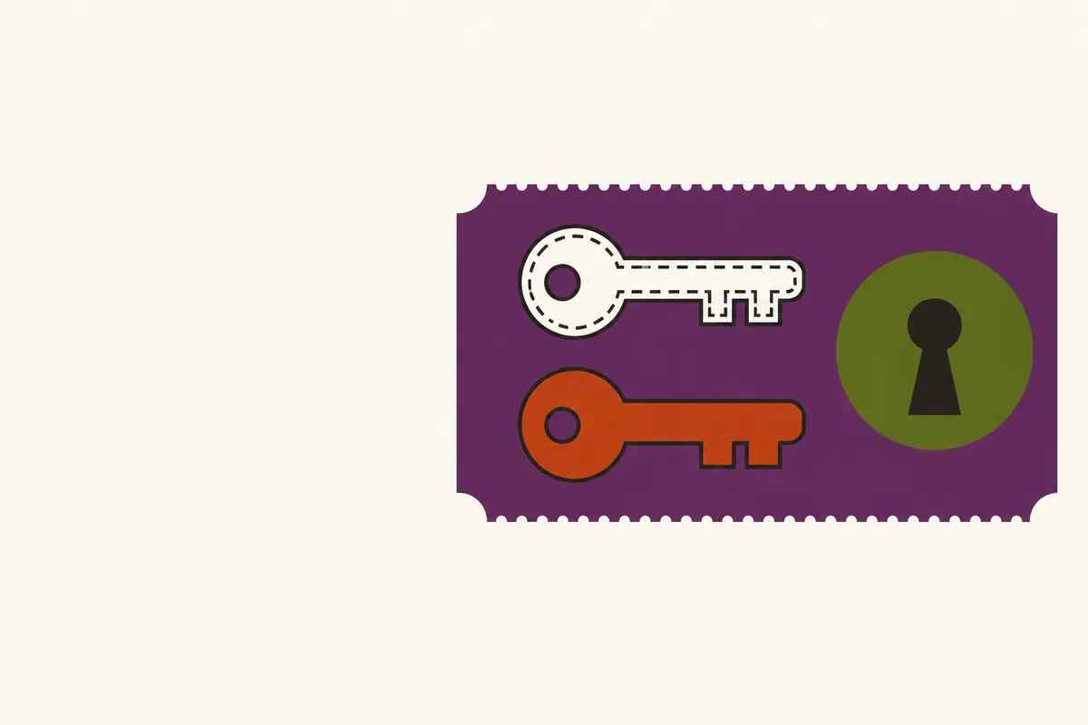 Two keys, one an outline and one solid, on a paper panel beside a round lock.
