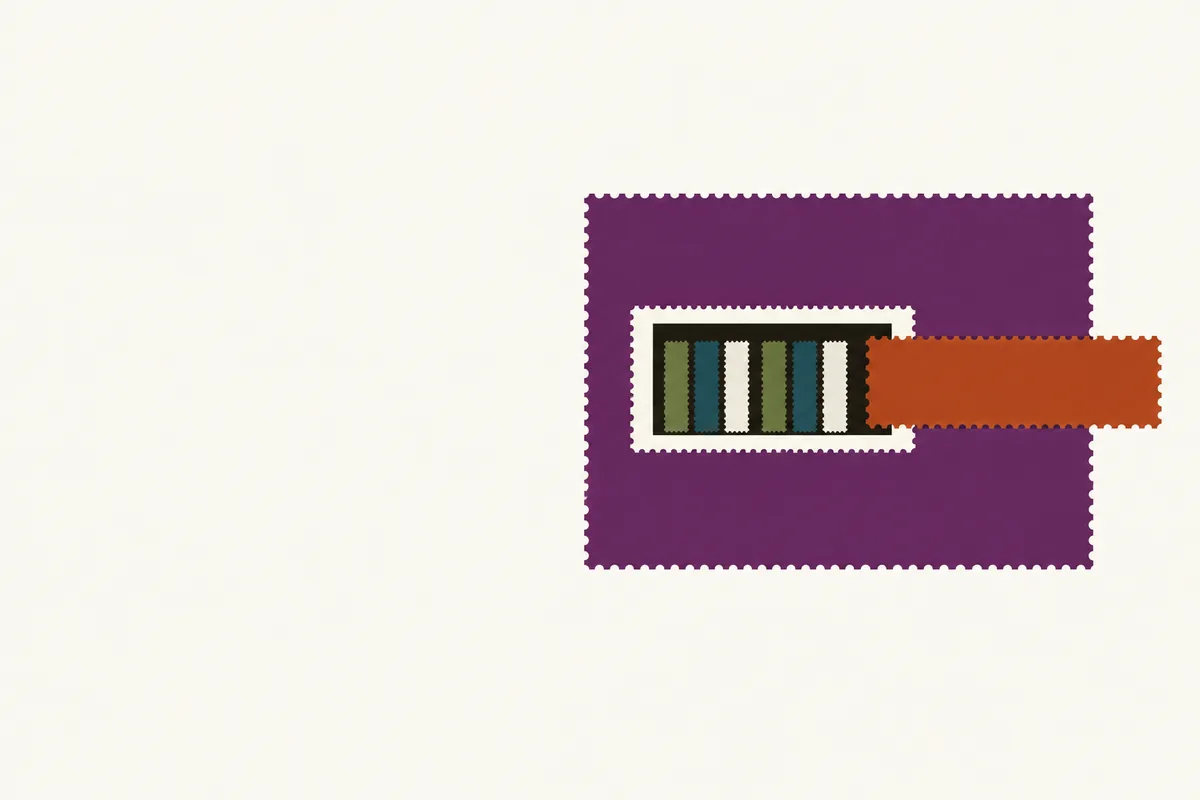 A plum panel with a low opening showing a row of upright slips, and a wide vermilion slip pushed against it.