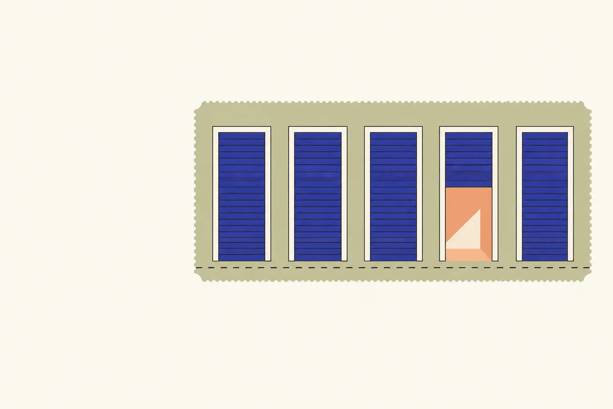 Five identical shuttered hatches in a row, the fourth raised a little to show a lit blank interior.