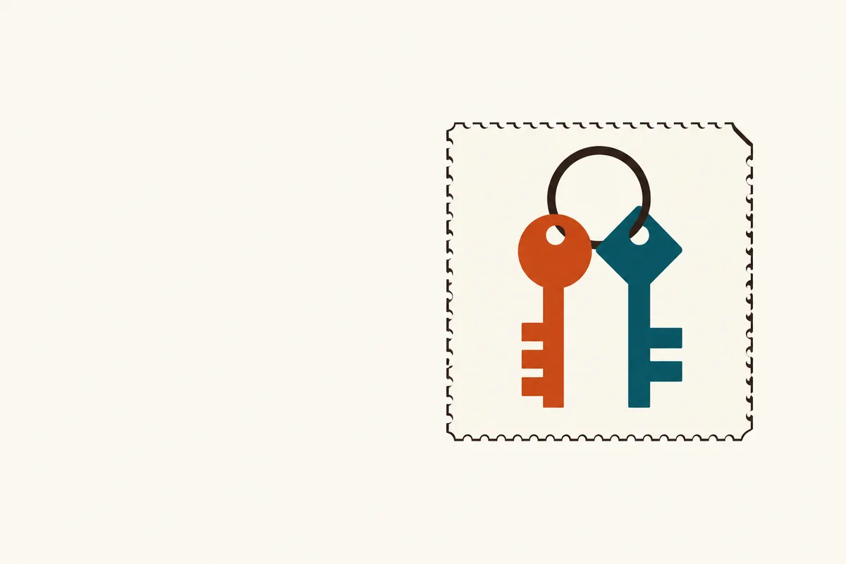 Two keys on one ring, one vermilion with a round bow and one teal with a diamond bow, on a perforated slab.