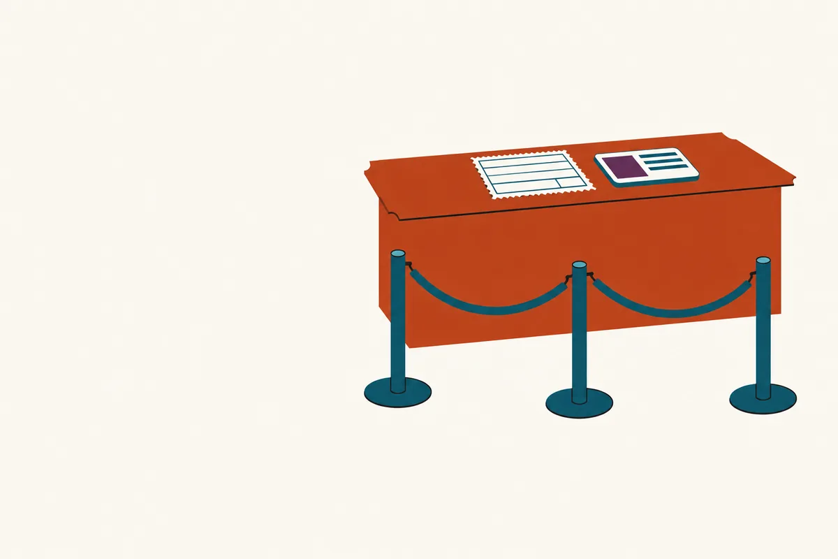 A blank form and an ID document on a service counter, with empty rope posts in front.