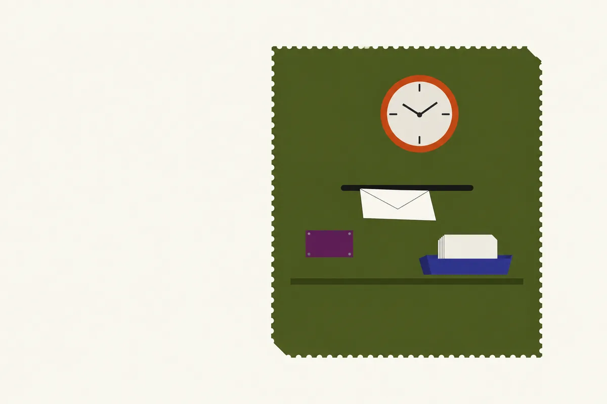 A wall clock above a mail slot with a blank envelope beneath it, a blank plate and a tray of slips on a ledge.