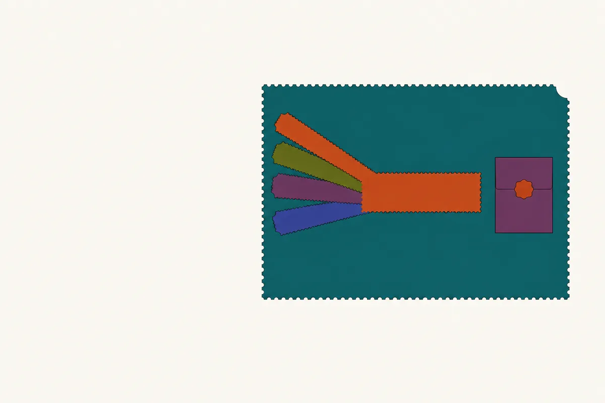 Fanned ticket strips converging into one wide strip, beside a smaller sealed wax packet.