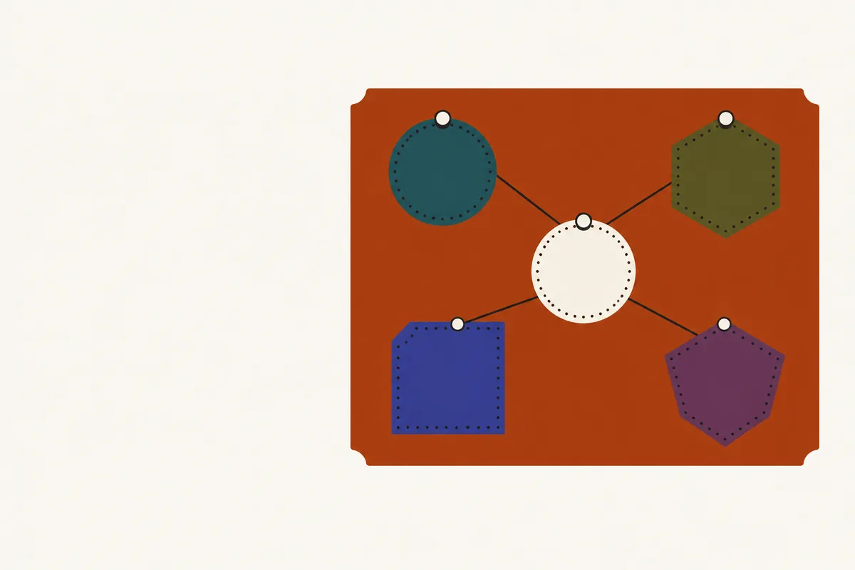 A pinboard with four differently shaped blank tags joined by string to one central tag.