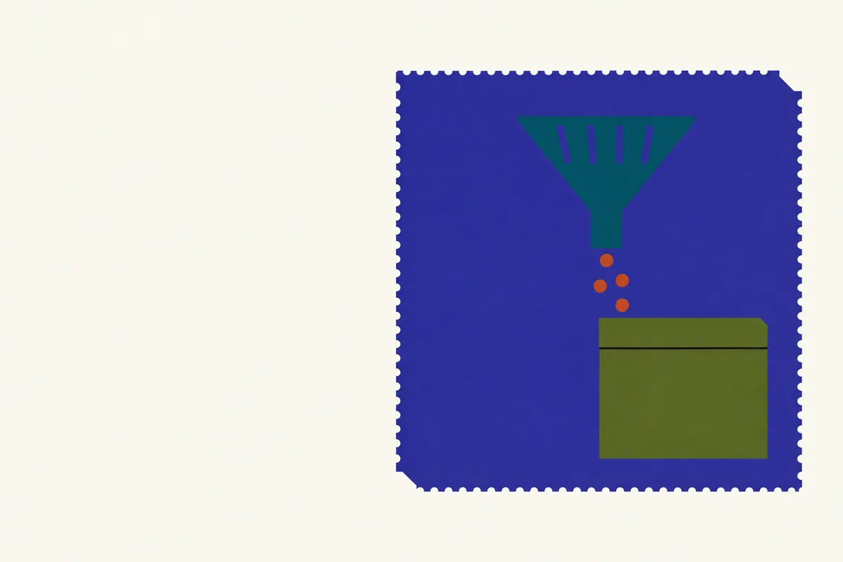 A funnel with small dots falling from it into an archive box positioned to the lower right.