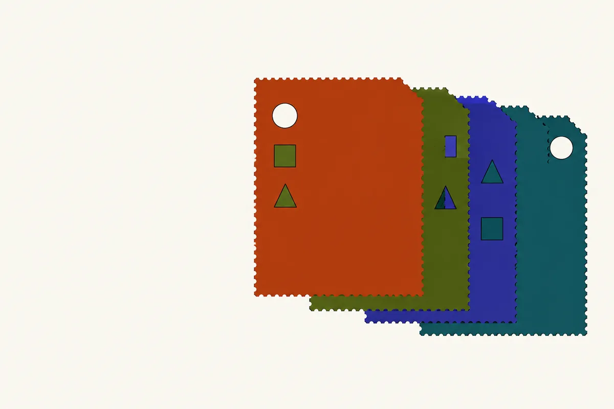 Four stacked paper sheets in a cascade, punched with circles, squares and triangles.