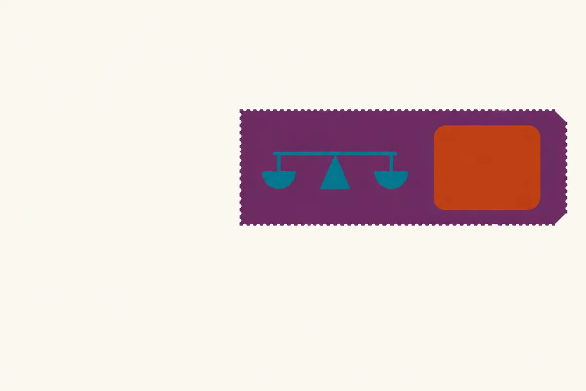 A plain rounded calculator shape beside a small balance-scale motif, suggesting sizing a stake to an edge.