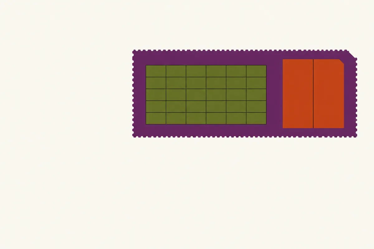 A flat grid of scoreboard cells sitting beside a two-column price-slip shape on one panel.