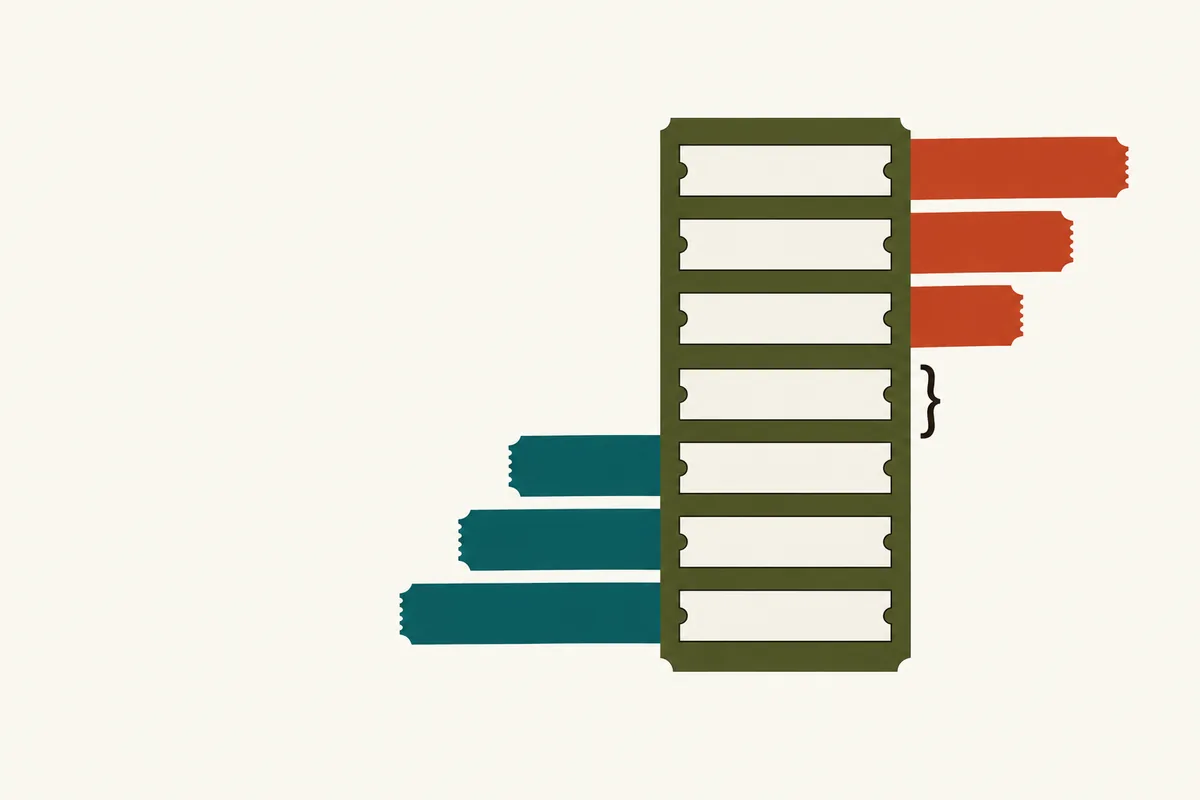 A rack of seven ruled slots with teal slips on one side, vermilion on the other and a bracket at the middle.
