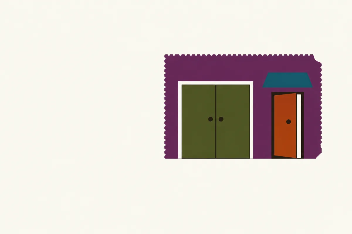 A plum wall with a closed olive double door with two knobs and a vermilion side door ajar under a teal awning.