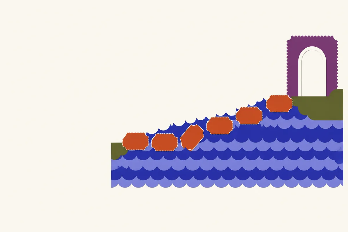 Six paper stepping stones rise across cut-paper waves to a plum arched doorway, the third stone tilted.