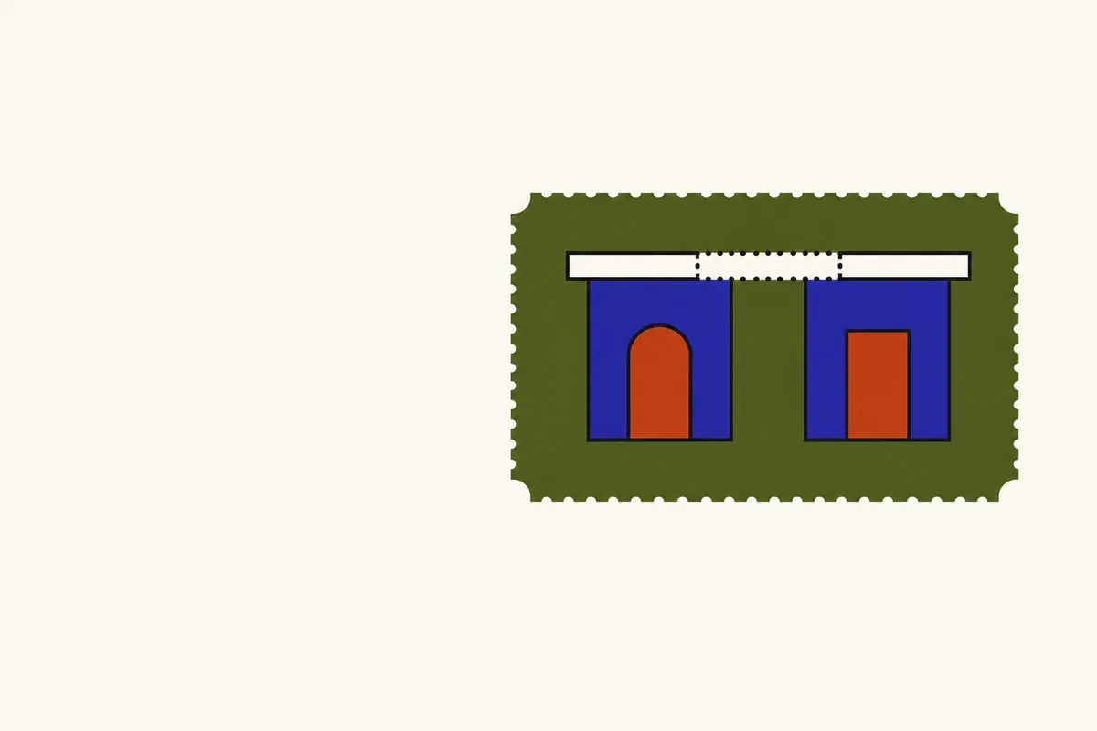 Two identical blue cabins with an arched and a square vermilion door under one white roof whose middle is dotted.