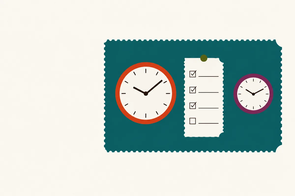 A large and a small wall clock either side of a pinned checklist slip with three ticked boxes and one empty.