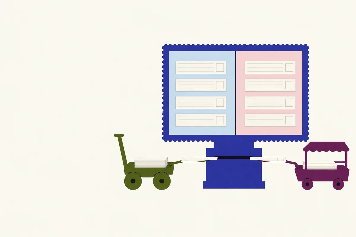 One screen split into a pale blue back side and a pale pink lay side, fed by two separate carts through one slot.