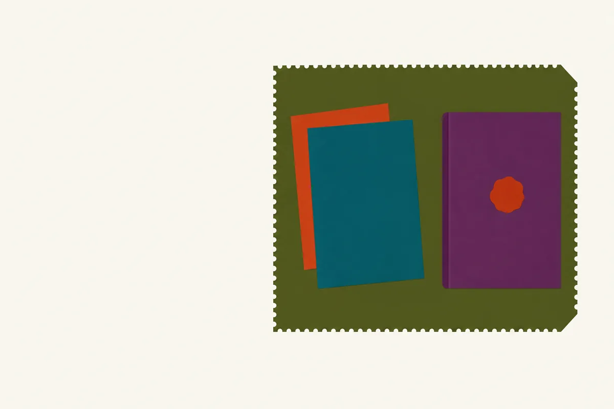 Two overlapping paper sheets beside a sealed ledger book stamped with a wax seal.