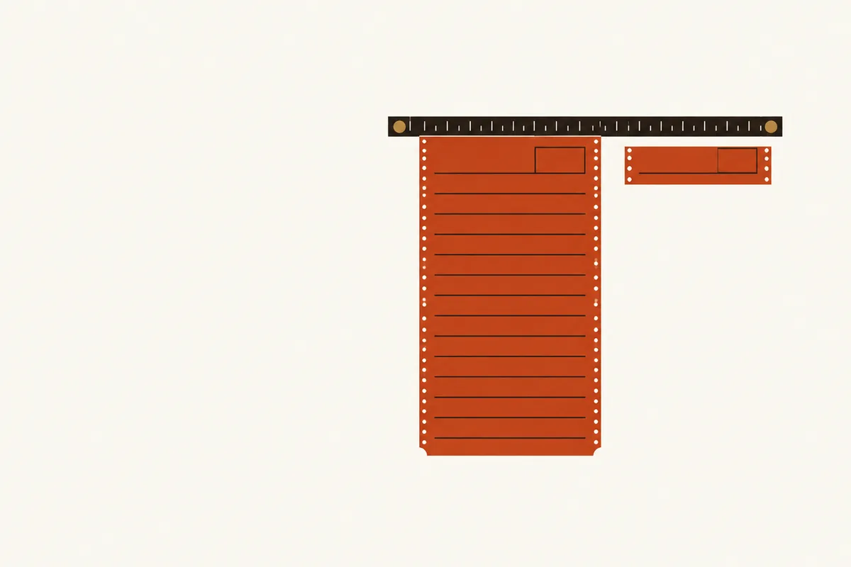 One payment slip cut off square at a fixed ruler bar, with the trimmed off strip lying beside it.